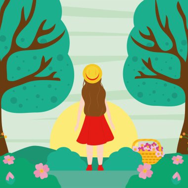 Kız ağaç ve çiçek sepeti tasarımlı bahar manzarası