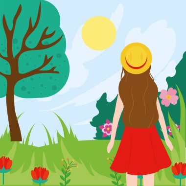 Bahar manzarası ve kırmızı elbise vektör tasarımlı kız.
