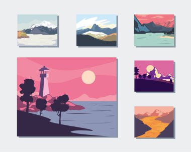 Dağların manzara posterleri ikon bohça vektör tasarımı