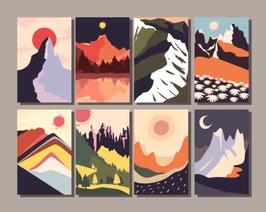 Minimalist peyzajlar, sembol grup vektör tasarımı