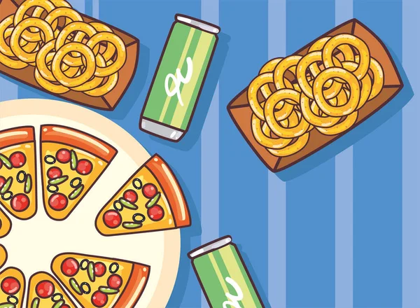 Pizza und Zwiebelringe — Stockvektor