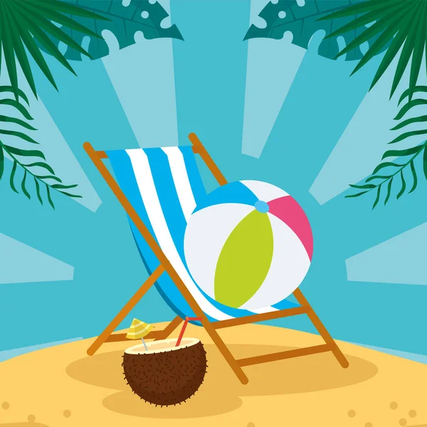 Ball on sunchair and cocktail — Stock Vector