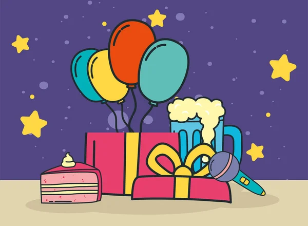 Regalo de cumpleaños con globos y pastel — Vector de stock