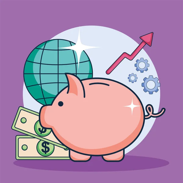 Piggy com esfera global — Vetor de Stock