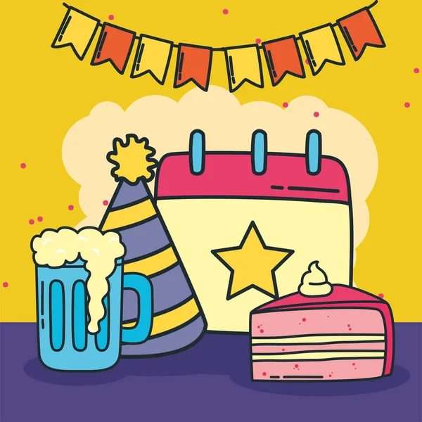 Calendrier chapeau de bière anniversaire et gâteau — Image vectorielle
