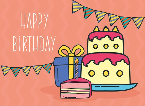 Pastel de cumpleaños y pancarta — Vector de stock