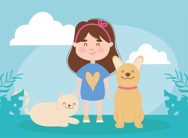 Dívka s kočkou a psem — Stockový vektor