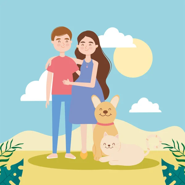 Žena a muž s kočkou a psem — Stockový vektor