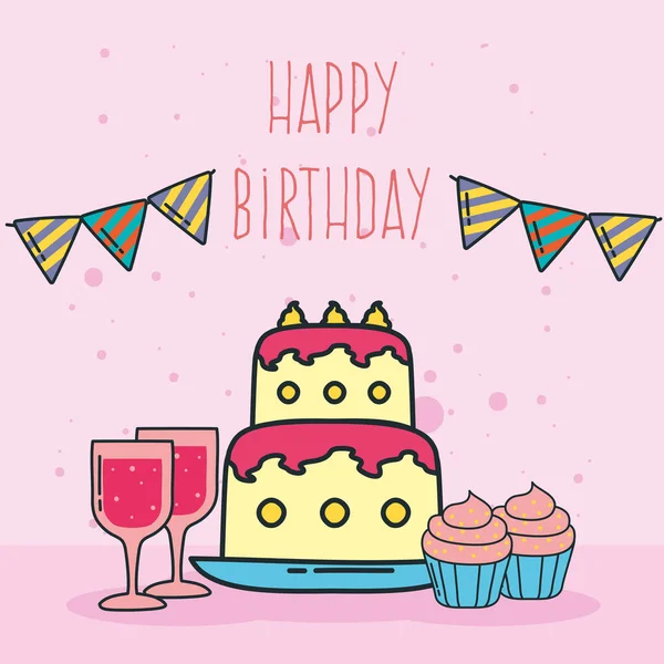 Pastel de cumpleaños y tazas — Vector de stock