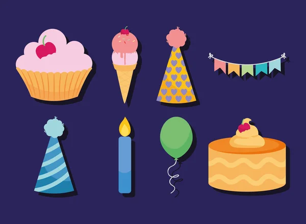 Iconos de decoraciones de cumpleaños — Archivo Imágenes Vectoriales