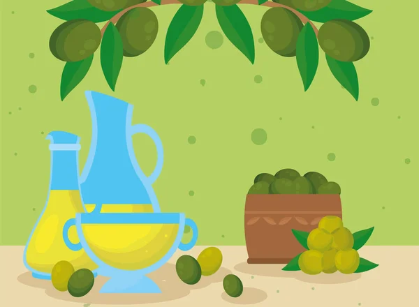 橄榄油盒和树叶 — 图库矢量图片