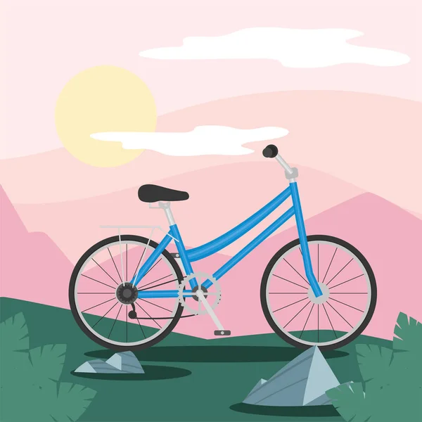 Bicicleta azul en frente de las montañas de color rosa — Vector de stock