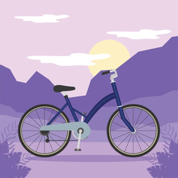 Bicicleta azul frente a las montañas púrpuras — Vector de stock