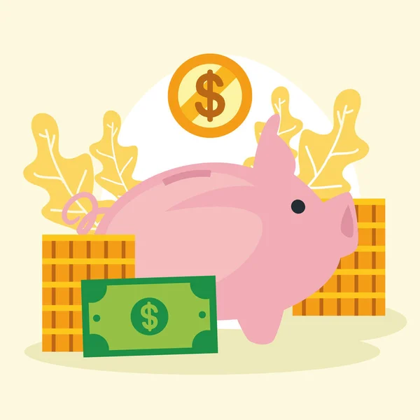 Piggy with coins and bill — Vetor de Stock