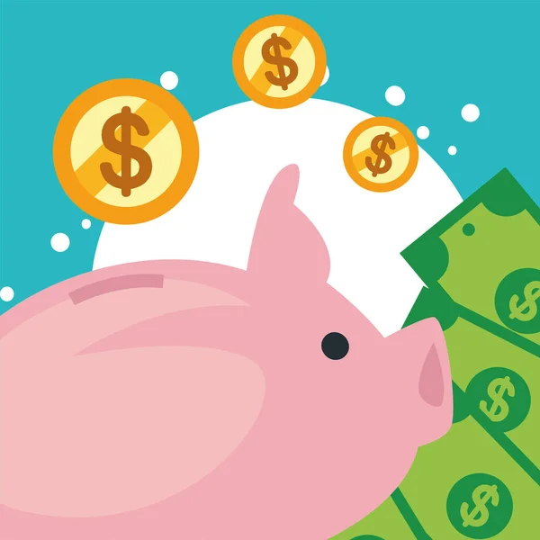 Piggy with coins and bills — Vetor de Stock