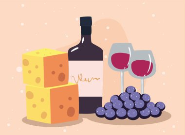 Şarap şişesi, peynir, üzüm