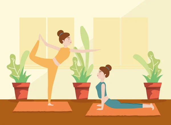 Donne che praticano yoga e meditano — Vettoriale Stock