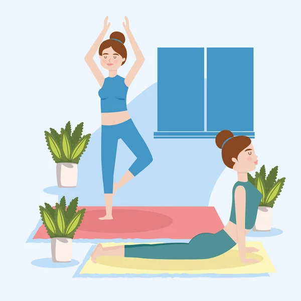 Donne praticano yoga e meditazione mattutina — Vettoriale Stock