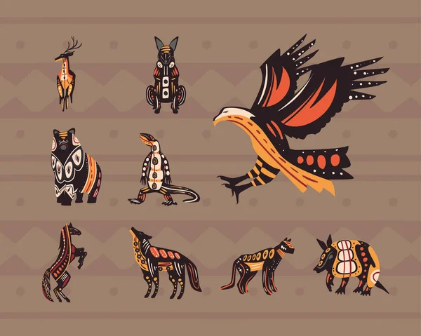 Indigenous style nine animals — стоковый вектор