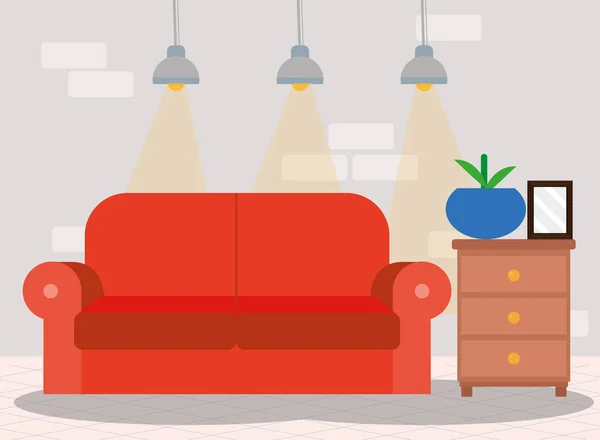 Livingroom with sofa red — стоковый вектор