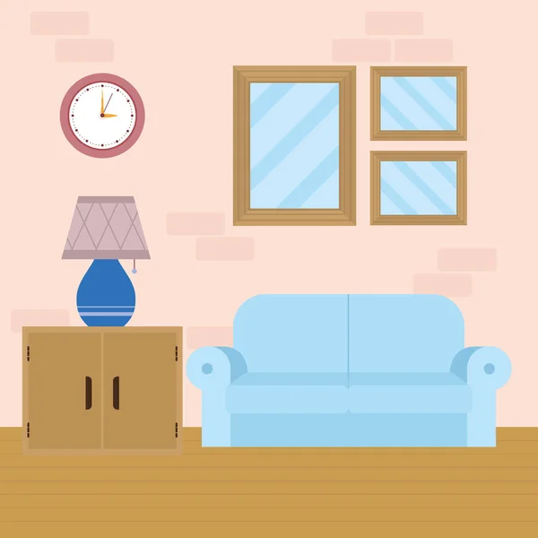 Obývací pokoj s modrou pohovkou — Stockový vektor