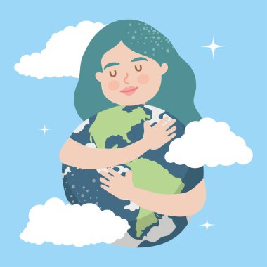 Dünya resimlerini kucaklayan kadın.