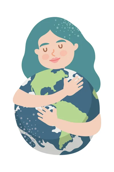 Woman hugging earth planet — Stockvector