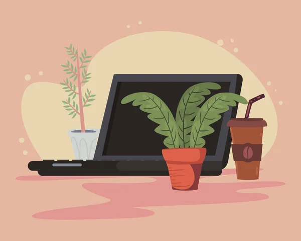 Laptop com caneca e plantas — Vetor de Stock