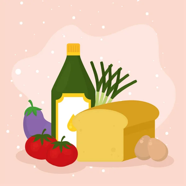 Butelka z oliwą z oliwek i zestaw ikon żywności — Wektor stockowy