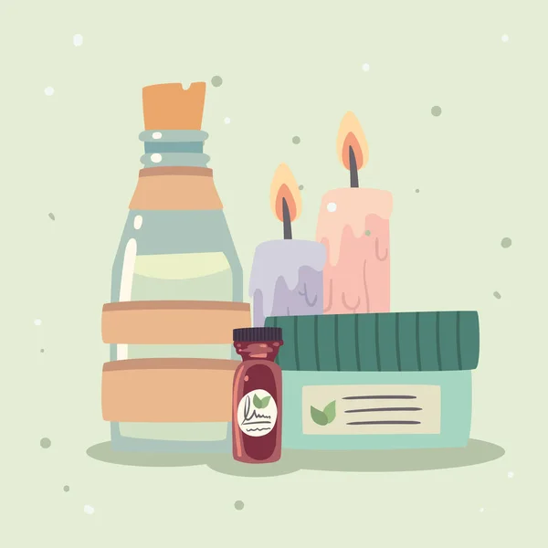 温泉中心的蜡烛瓶和罐子 — 图库矢量图片