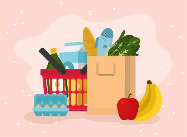 Mercearia cesta de compras e alimentos —  Vetores de Stock