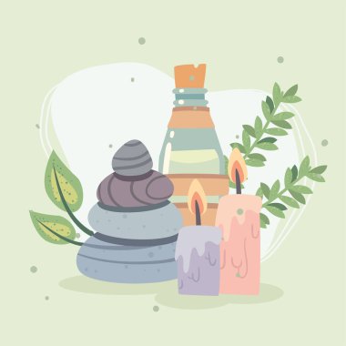 Spa merkezi taşları şişe ve mumlar