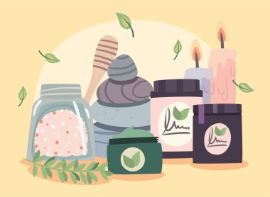 Spa merkezi taşları kavanozlar, mumlar ve bal çubuğu