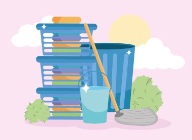 Kova çamaşır sepetleri çöp ve paspas.