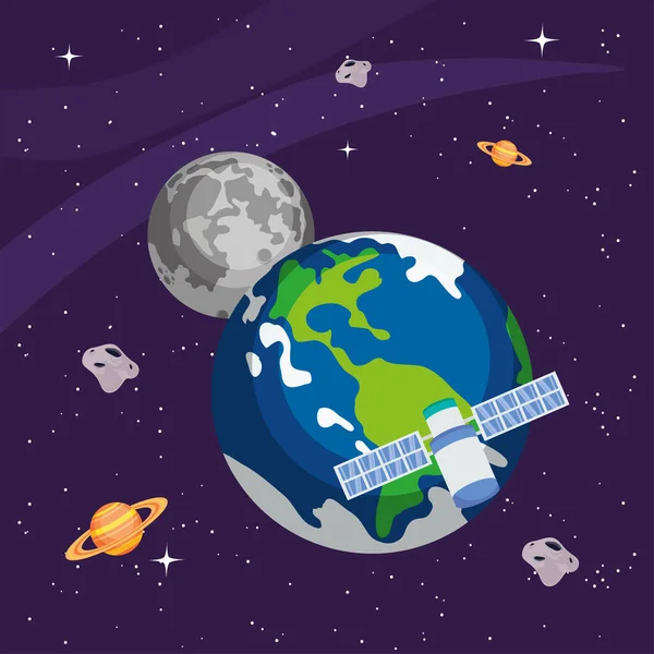 Satélite lua terra e planetas — Vetor de Stock