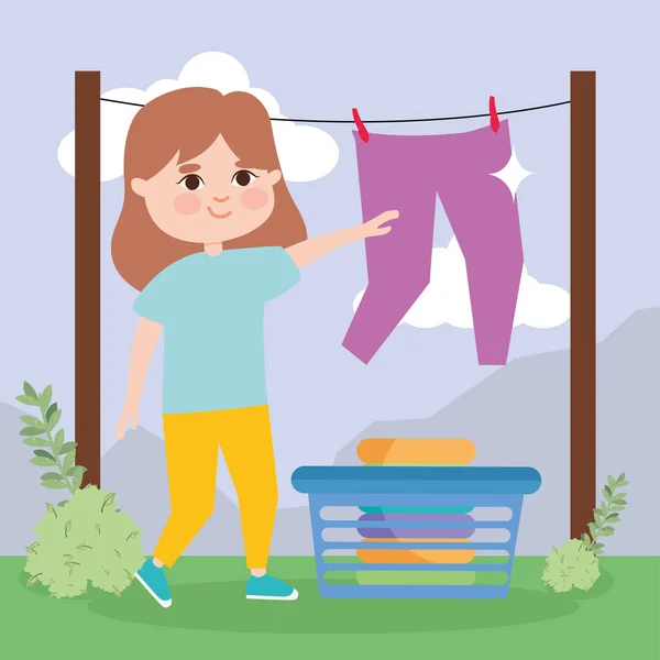 Girl with laundry basket hanging cloth — Stock Vector