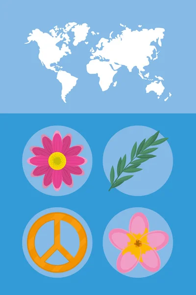 Mapa del mundo y símbolo del pacifismo — Vector de stock