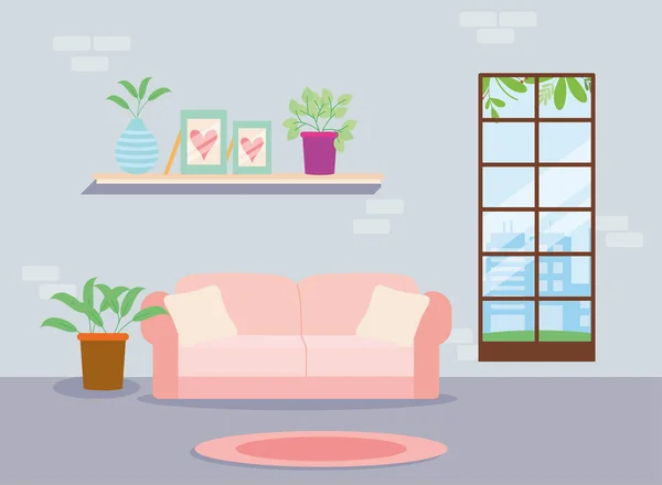Hylla och rosa soffa — Stock vektor
