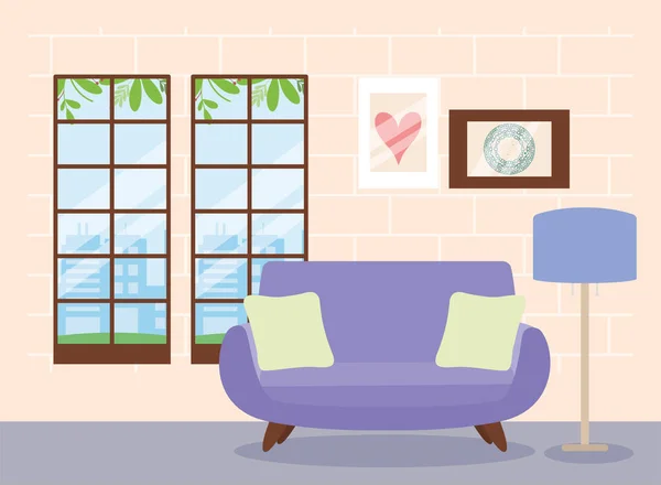 Lila Couch im Wohnzimmer — Stockvektor