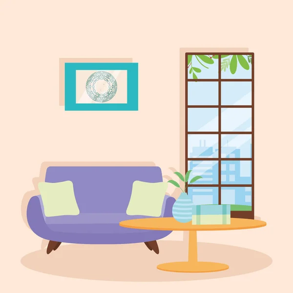 Фіолетовий диван у вітальні — стоковий вектор