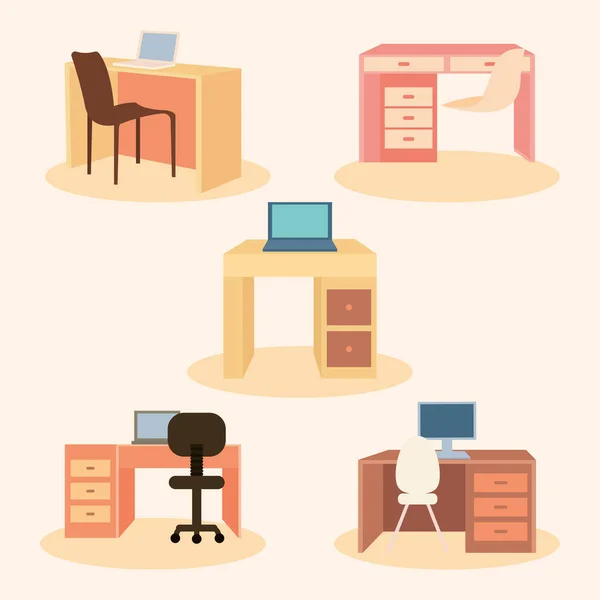 Office desks icon set — Stock Vector