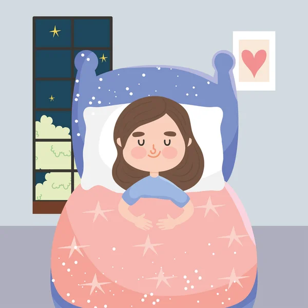 Schlafzimmer Illustration mit schlafenden Mädchen — Stockvektor