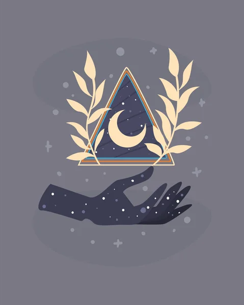 Main avec triangle mystique avec lune — Image vectorielle