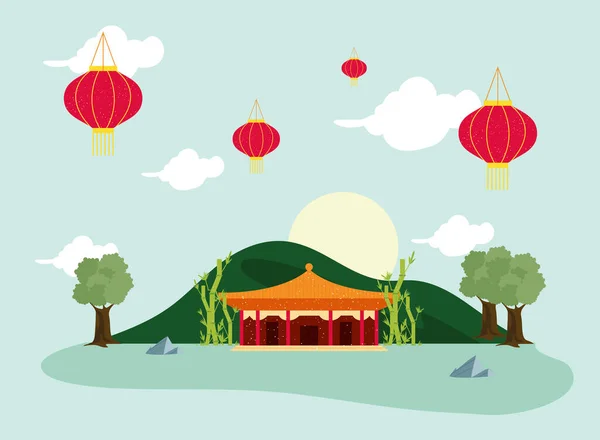 Façade du temple chinois dans le paysage — Image vectorielle