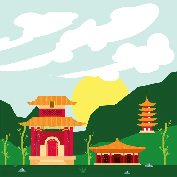 風景の中の中国寺院 — ストックベクタ