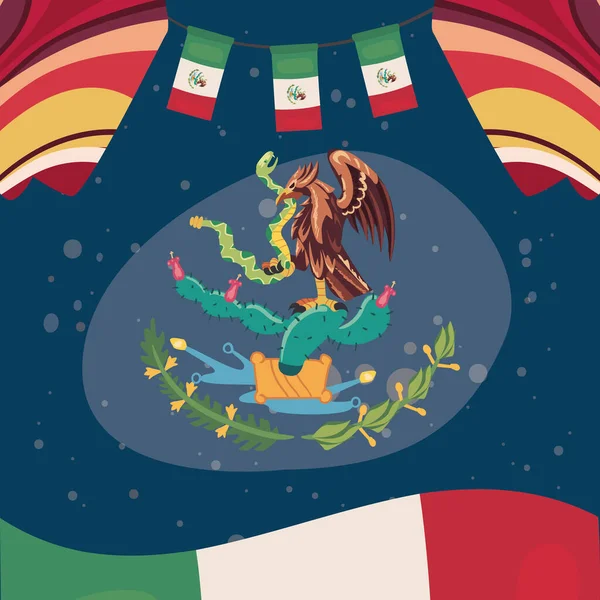 Celebración mexicana con armas de escudo — Vector de stock