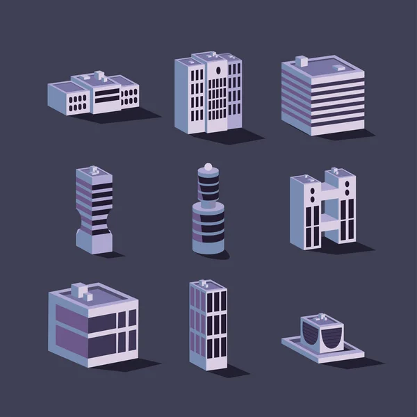 Neun isometrische Gebäude — Stockvektor