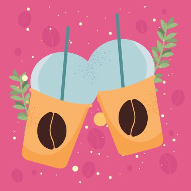 Kahve kapları ve yapraklar.