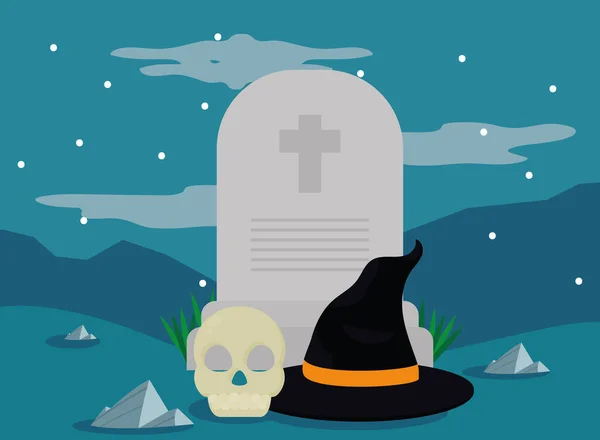 Cadılar bayramı kafatası ve mezar taşı — Stok Vektör