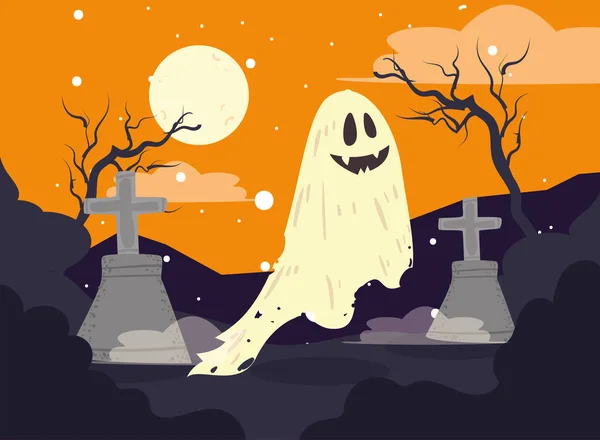 Cimitero di Halloween con fantasma — Vettoriale Stock